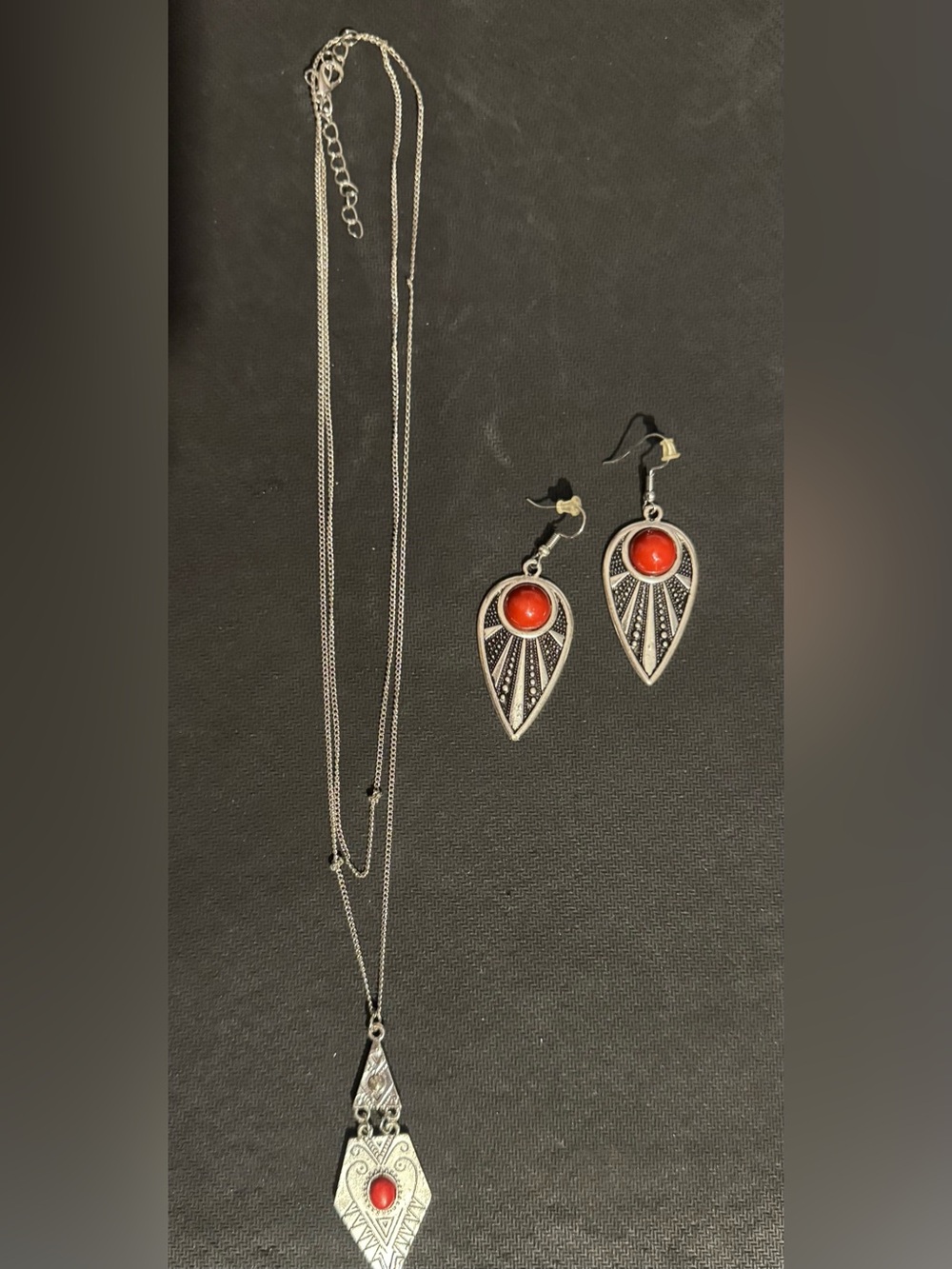 Paparazzi Silver Tone Teardrop Earrings & Necklace Set with Red Cobble Stone